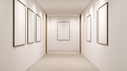 Contemporary art gallery hallway with blank framed pictures. Ideal for showcasing art, photography, or promotional posters in a modern and minimalist setting.