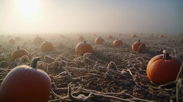 Foggy pumpkin patch at sunrise