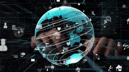 A captivating depiction of global connectivity, showcasing the interaction between technology and communication through digital symbols over a glowing globe. Xenic