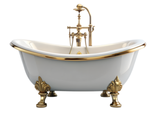 Luxury vintage freestanding bathtub with gold accents and brass faucet, isolated on transparent background