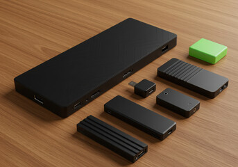 Collection of modern electronic devices including portable hard drives and usb adapters on a wooden surface