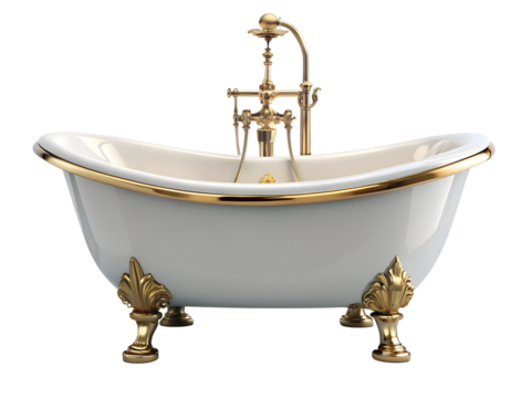 Luxury vintage freestanding bathtub with gold accents and brass faucet, isolated on transparent background
