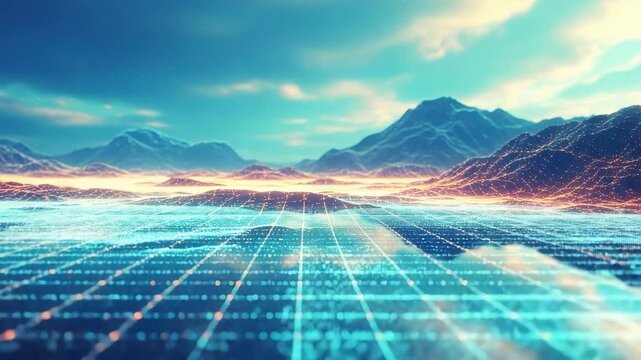 A breathtaking digital landscape depicting a futuristic terrain with glowing grid patterns majestic mountains in the background and a serene atmosphere suggesting advanced technology and innovation