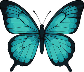 Turquoise butterfly vector, elegant insect design, black-lined wings, vivid nature art, decorative wildlife graphic, symmetrical creature illustration, vibrant entomology concept