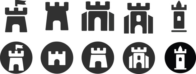 Collection of five castle tower icons in dark gray and white on white and dark gray backgrounds