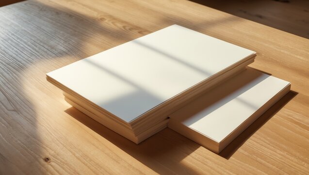 Stack of blank white papers or notebooks on a wooden table with sunlight shining over them.