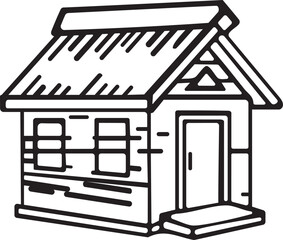 Simple black and white line drawing of a small wooden cabin with a pitched roof and a front door