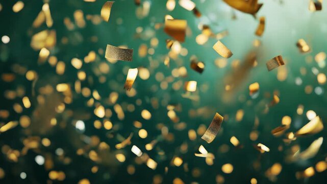Luxurious slow-motion video of shimmering gold and green confetti flying through the air. A celebratory background for awards, parties, and New Year's Eve. Engaging festive background video