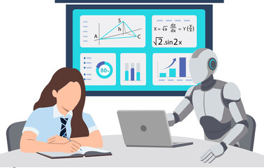 Artificial Intelligence Tutor Teaching Advanced Math and Data to a Student in Futuristic Classroom with Interactive Screen and Laptop, Personalized AI Robot Teacher Teaching Vector Illustration