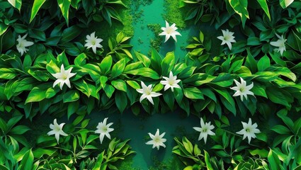 Lush green plants with white flowers on a pathway, reflected in water below. Nature scene, garden, flora, and landscape.