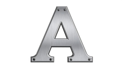 Brushed metal letter A with rivets, industrial font on white background