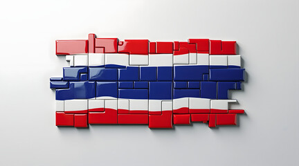 Glossy ceramic tile mosaic in red, white, and blue colors forming stylized flag design with modern, abstract look on white background