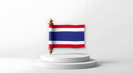 Small flag with red, white, and blue horizontal stripes displayed on golden pole, standing on white round pedestal with clean background