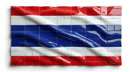 Glossy ceramic tile mosaic forming waving flag with red, white, and blue stripes, creating vibrant and dynamic visual effect