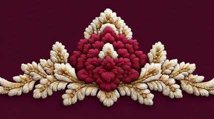 Lush red velvet with complex golden motifs arranged in symmetrical regal patterns, glowing softly to create depth and sophistication