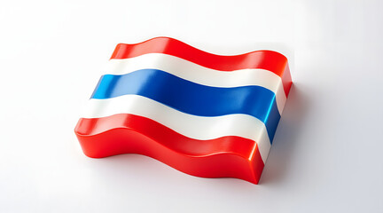 Shiny, wavy sculpture resembling flag with red, white, and blue stripes, evoking sense of pride and celebration