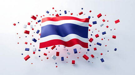 Waving flag with red, white, and blue colors surrounded by floating rectangular blocks creating dynamic and festive atmosphere