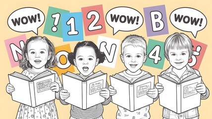 Four happy children holding open books and exclaiming wow with colorful numbers and letters behind them celebrating learning and education