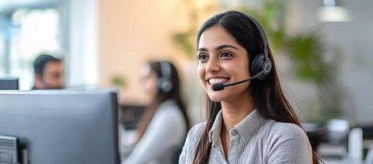Smiling female call center employee with headset providing support in a bright office, ideal for customer care, technical helpdesk, and business communication visuals