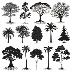 Obraz premium Silhouette Tree Collection 16 Unique Designs for Projects Isolated On Transparent Background