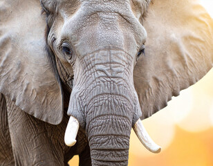 Fototapeta premium Majestic African Elephant Portrait: Close-Up of Wrinkled Skin and Ivory Tusks