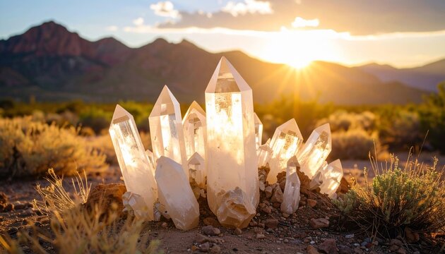 Quartz Crystals at Sunset in Desert Landscape