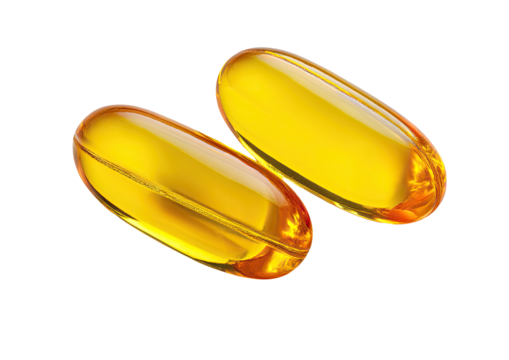 Two golden yellow, oblong capsules, transparent and slightly overlapping, set against a pure black background