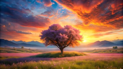A solitary tree with purple blossoms stands on a small hill in a field of flowers, silhouetted against a dramatic sunset sky