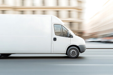 Speeding white van motion blur. Express delivery vehicle on a business delivery route. Fast, efficient, and reliable urban transit.