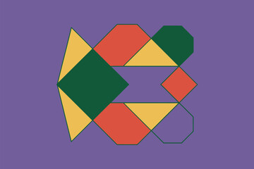 Obraz premium A geometric arrangement of triangles, hexagons, octagons and squares on a purple background space filling