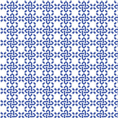 seamless pattern with blue flowers, tessellation, repeating shapes, overlaps, polygons to tile a plane, interlocking geometric shapes, knot-like motif, continuous motion and symmetry, Islamic art