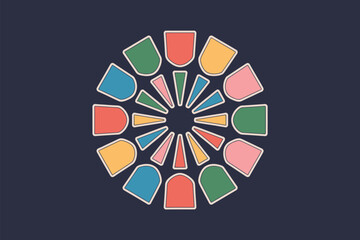 Obraz premium Colorful geometric shapes arranged in a circular pattern against a dark blue background design style