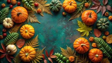 Fototapeta premium A festive arrangement of various pumpkins, gourds, and autumn leaves forming a decorative border on a dark teal textured background, creating a seasonal frame