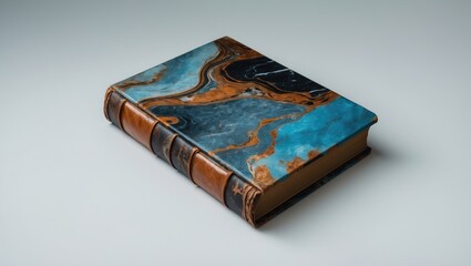 A vintage book with a marble cover and leather spine placed on a plain surface.
