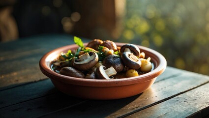 A bowl of cooked mushrooms garnished with herbs placed on a wooden surface with a blurred natural background.