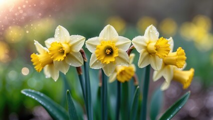 Fototapeta premium Daffodils blooming in spring with raindrops on petals and blurred garden background. Nature and floral scene. The image captures the freshness and beauty of flowers after rain.