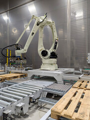 Robotic Arm Sorting Pallets in Industrial Manufacturing Facility