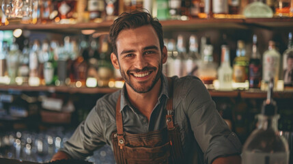 Experienced Caucasian bartender in white shirt laughing, Well-stocked bar shelves visible in background lighting