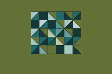 Fototapeta premium A square grid of triangles and squares in shades of green and blue on a solid green background design