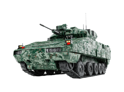 Military vehicle display urban tank model environment front view isolated on transparent background, png