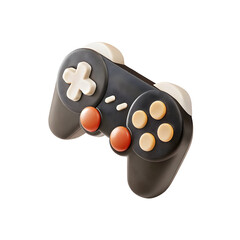 Dark game controller with orange and cream buttons isolated on a transparent background