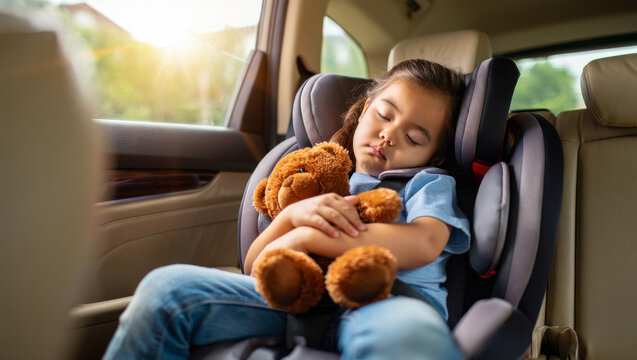 Peaceful young girl sleeping in a child safety seat while hugging a brown teddy bear during a car trip with warm sunlight from the window.
