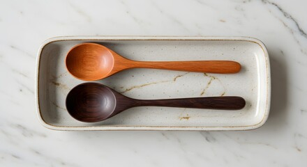Two wooden spoons in a rectangular dish on a marble surface creating a minimalist aesthetic view ai generative
