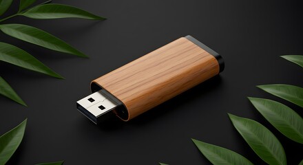 Wooden usb drive on a black surface surrounded by green leaves in a minimalist composition style shot ai generative