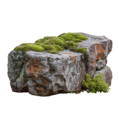 Lichen-covered rock with moss in natural setting isolated on transparent or white background