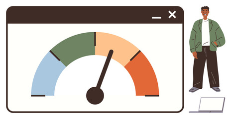 Gauge in a browser window showing performance levels, figure standing nearby, laptop on floor. Ideal for productivity, performance, evaluation, analytics, metrics business workflow. Simple flat