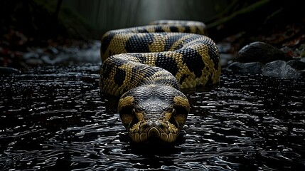 A formidable predator surfaces in a shadowy rainforest. This moody, suspenseful image captures the raw power of a giant anaconda in its natural, threatening habitat.

