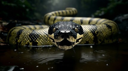 Cinematic, low-angle shot of a giant, powerful snake emerging from murky water. Dramatic lighting highlights its intimidating presence and detailed, textured skin.
