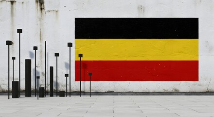 Belgium flag painted on a white wall with black posts in the foreground on a tiled surface area ai generative
