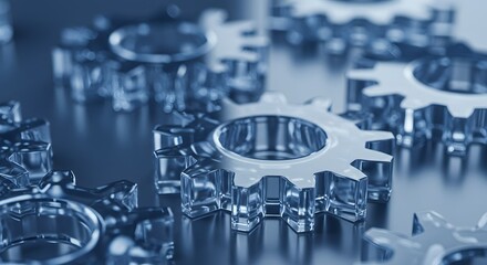 A close up view of several metal gears arranged on a reflective surface in a blue tinted scene ai generative